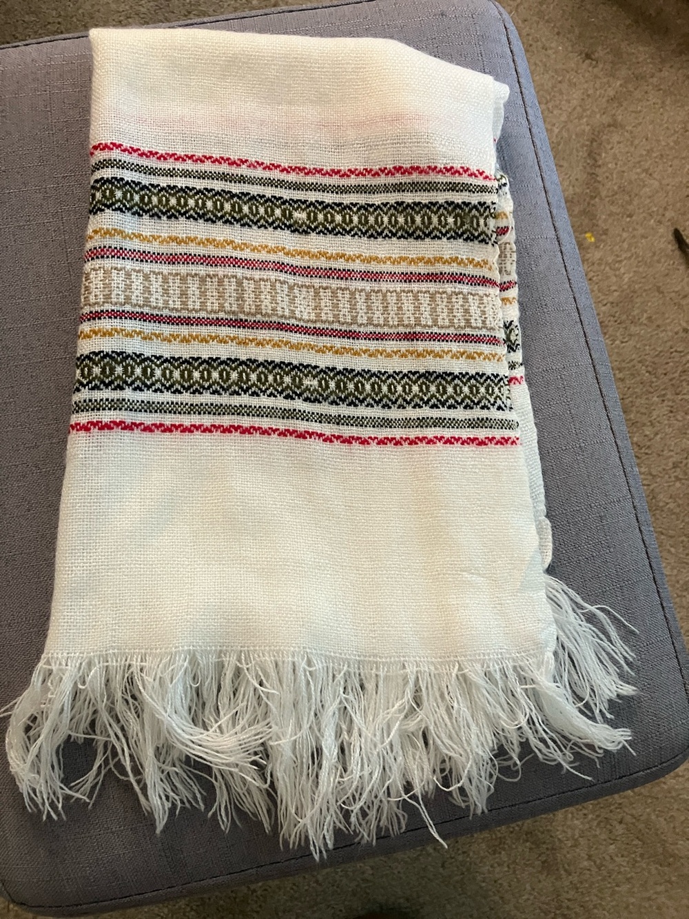 White Woven Fringe Scarf with Multicolor Stripes